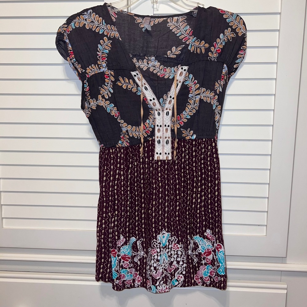 Free People Boho Hippie Tunic Top Lace Up V-Neck Tunic Festival, peasant